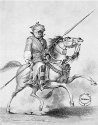 Lanze - Reiter mit Lanze (Zeichnung von Hugh Clapperton aus dem Jahr 1826) Lanze - Reiter mit Lanze (Zeichnung von Hugh Clapperton aus dem Jahr 1826)
