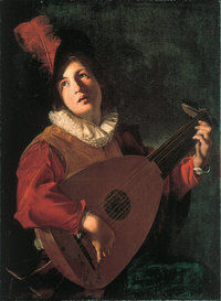 Laute - Ein Lautenspieler spielt auf der Laute (Kunstwerk von Bartolommeo Manfredi aus dem Jahr 1610) Laute - Ein Lautenspieler spielt auf der Laute (Kunstwerk von Bartolommeo Manfredi aus dem Jahr 1610)
