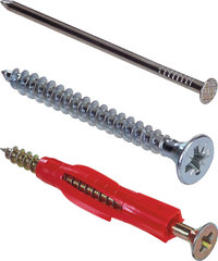 Schraube - Nagel, Schraube (Mitte) und Dübel mit Schraube
